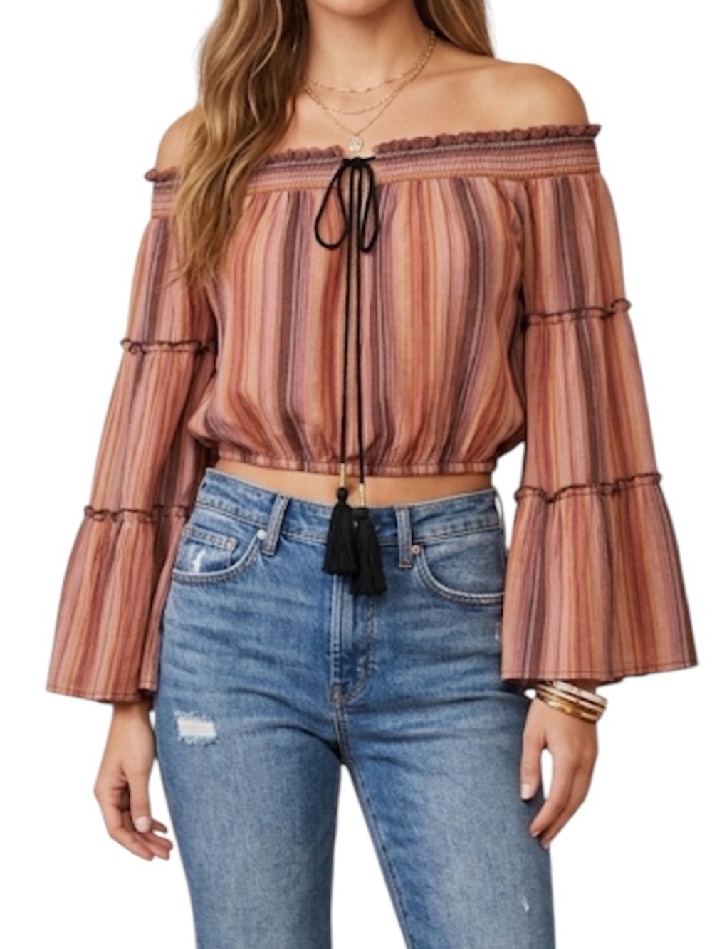 Wonderly Boho Off Shoulder Crop Top Striped Long Sleeve Tassel Tie XS Festival